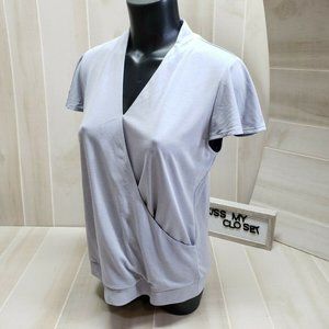 Adrianna Papell Shirt Medium Faux Wrap Top Women's Med Gray Short Sleeve Modal